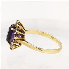 18K 3.45g Yellow Gold Amethyst Diamond Halo Dainty Simple Classic Ring Size-6.75